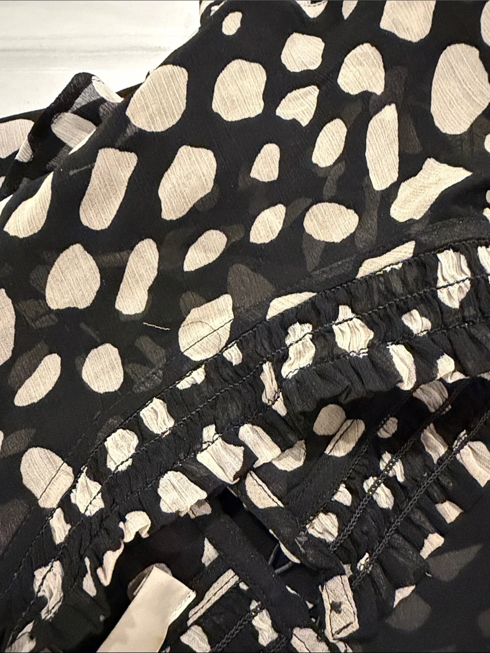 LOFT Black Blouse with Cream Spot Print and Ruffle Neck 2 Layers